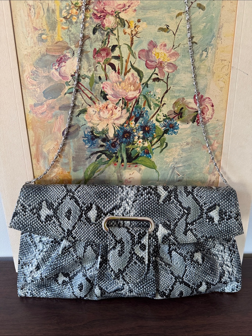 Grey Snakeskin Print Convertible Clutch Shoulder Bag
